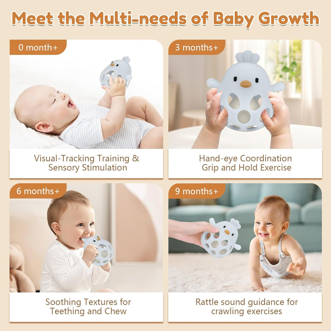 MCGMITT Baby Greifball Beissring aus BPA-freiem Silikon – Hühnchen-Rasselspielzeug Sensorik Motorik