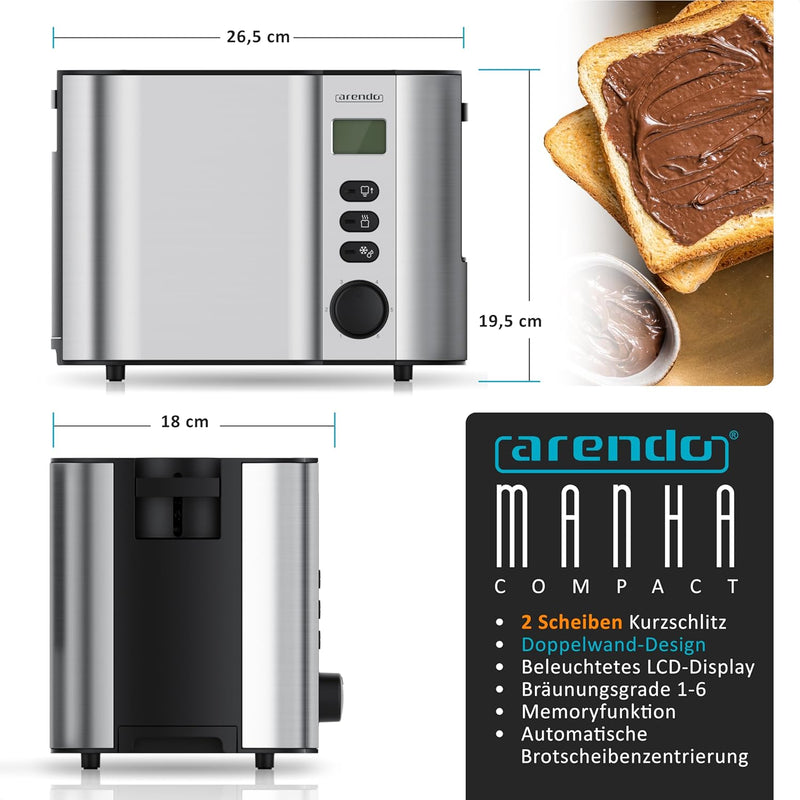 Arendo - Toaster 2 Scheiben Edelstahl mit Restzeitanzeige - 800 Watt - Doppelwandgehäuse - Integrier