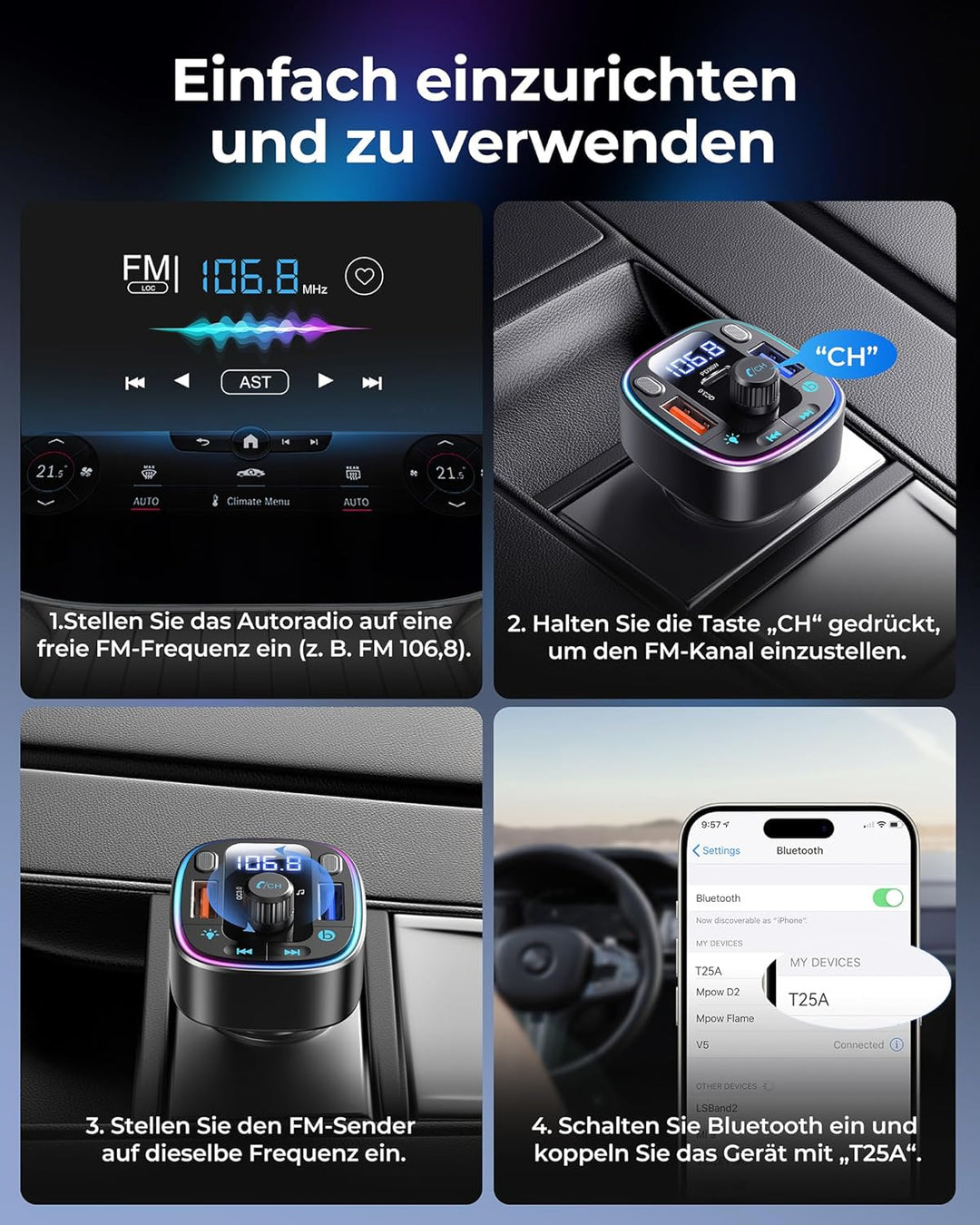 LENCENT FM Transmitter Auto Bluetooth 5.4, 54 W Auto Bluetooth Adapter, Dual USB-Anschlüsse Schnelll