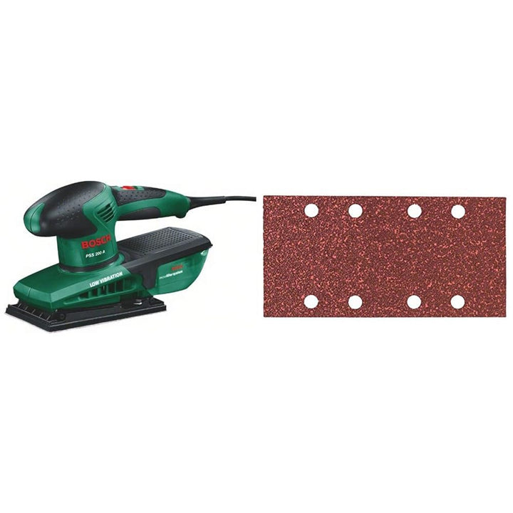 Bosch Schwingschleifer PSS 200 A (200 Watt, im Koffer) + 10x Schleifblatt (verschiedene Materialien,