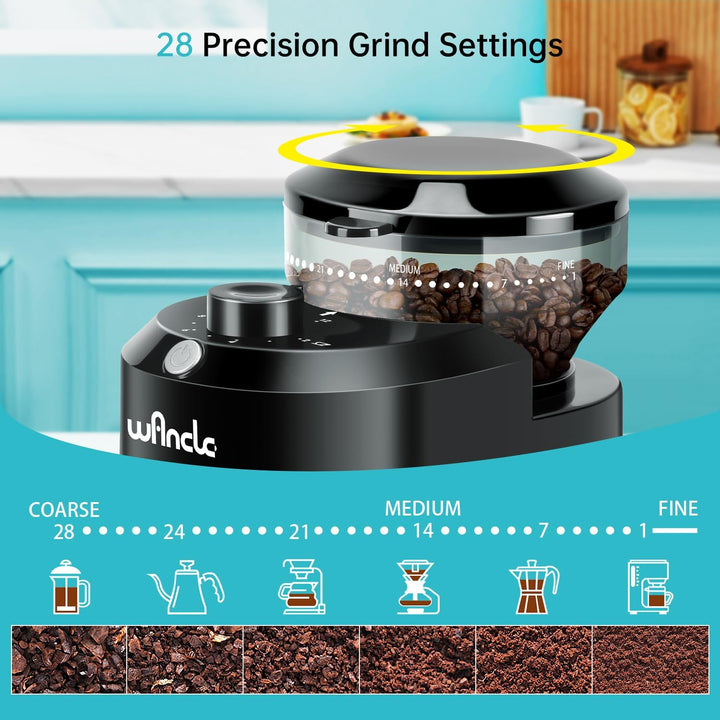 Wancle Elektrische Kaffeemühle - Einstellbarer scheibenmahlwerk kaffeemühle für Kaffeebohnen mit 28