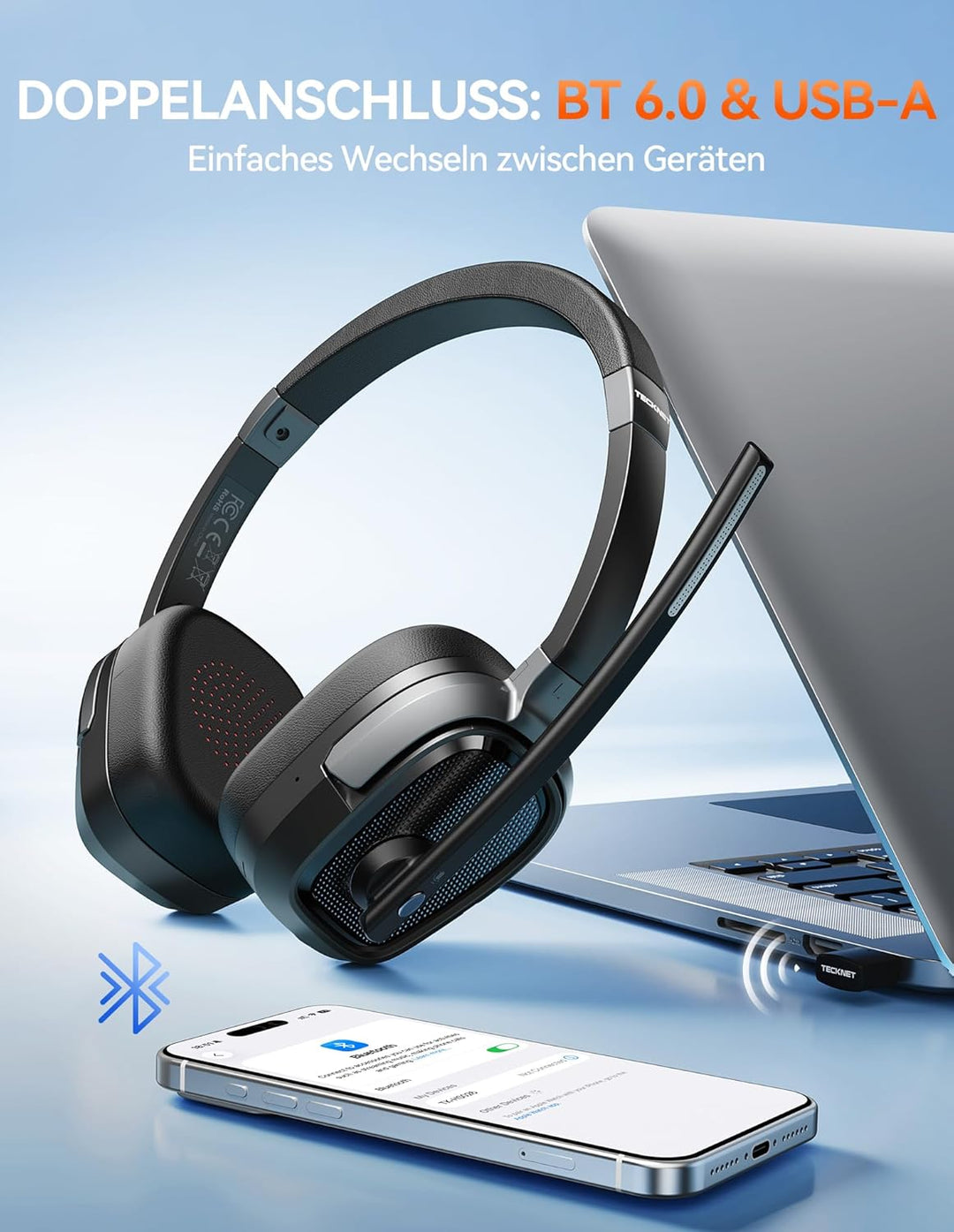 TECKNET V6.0 Bluetooth Headset mit Mikrofon Kabellos, ENC Noise Cancelling, Wireless Headset PC, USB
