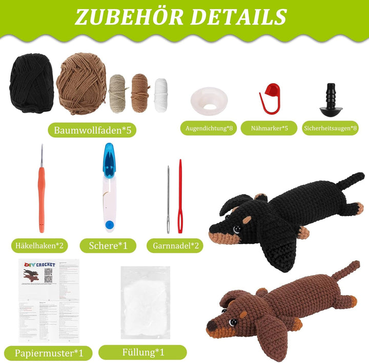 OurLeeme Häkelset für Anfänger, Häkeln Tiere Häkelnadelset Dackel-Starter-Strickset mit Dackelgarn,