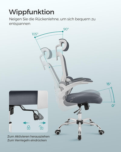 SONGMICS Bürostuhl, Schreibtischstuhl, ergonomisch, klappbare Armlehnen, hohe Rückenlehne, Netzstuhl