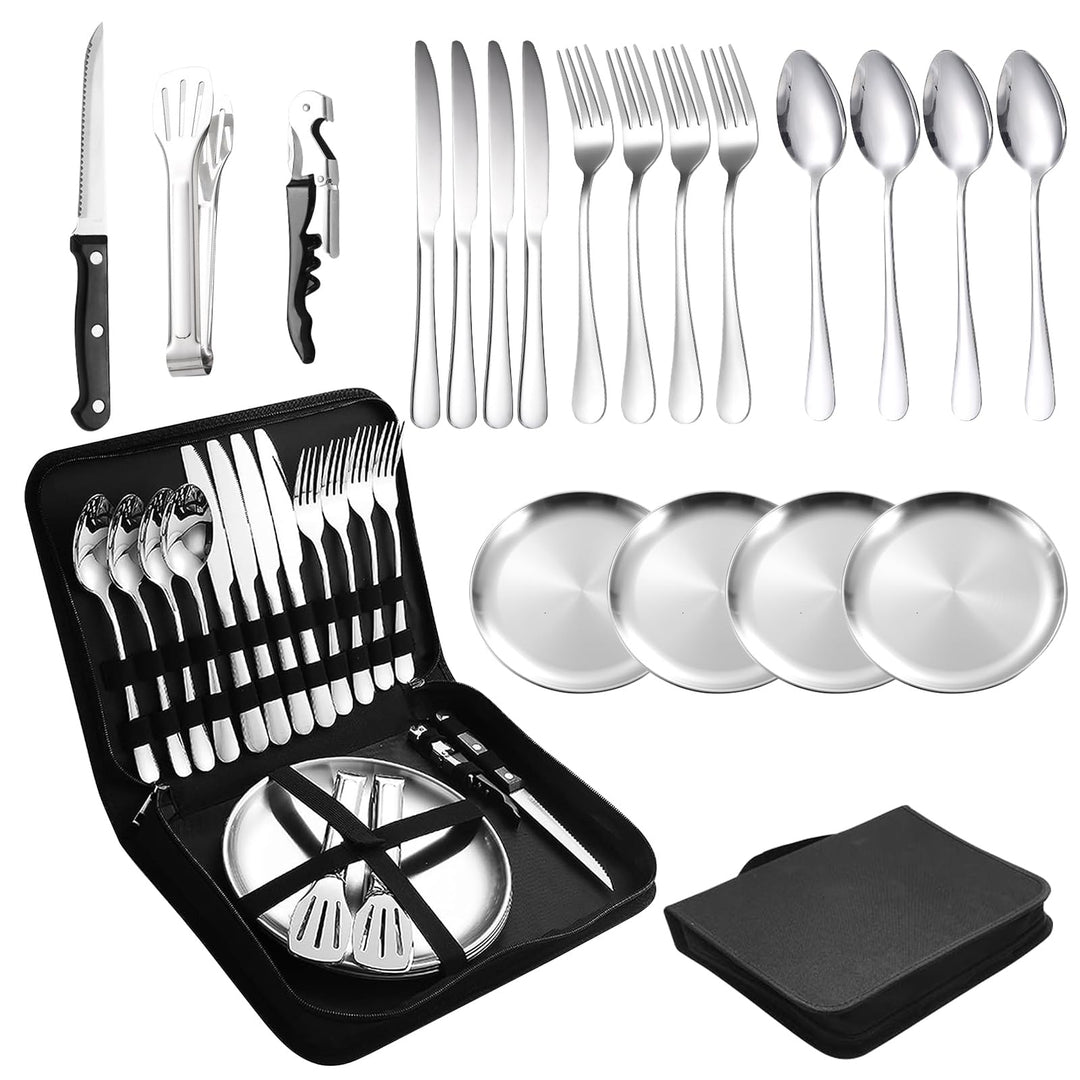 Campingbesteck Set für 4 Personen - Tragbares Edelstahl Outdoor Geschirr Set für Camping, Picknick u