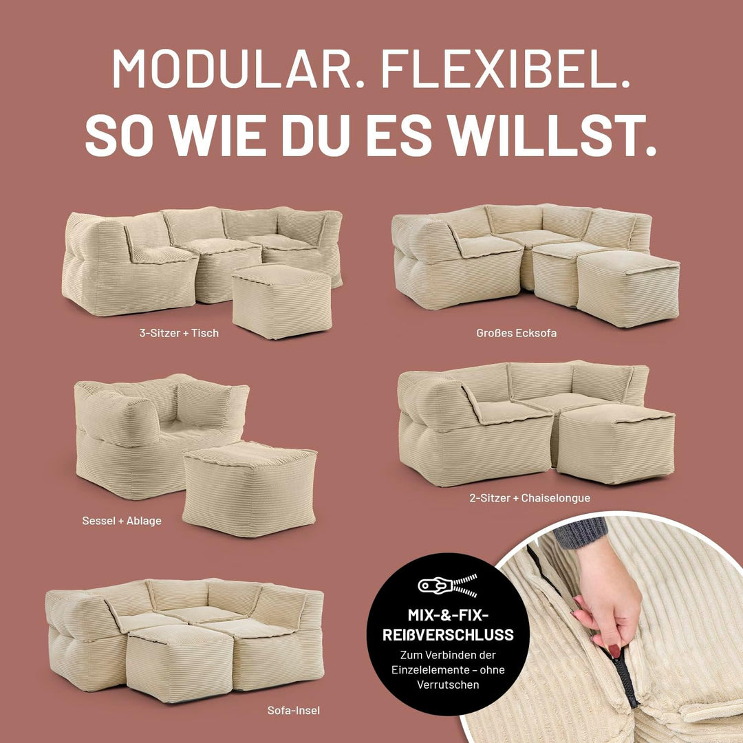 Lumaland Modular Sitzsack Hocker Cord 140 L für Modulares Sofa | ideales Match mit Sessel | EPS Perl