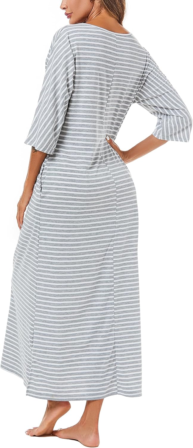 Uniexcosm Nachthemd Damen Lange Baumwolle 3/4 Ärmel Nachtkleid Nachtwäsche V-Ausschnitt Freizeitklei