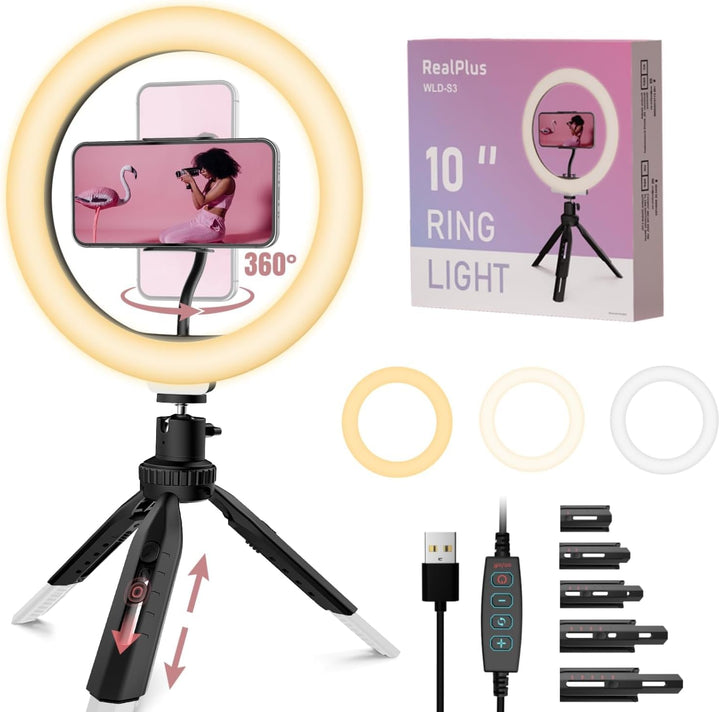 RealPlus 10" Ringlicht mit Stativ Handy, Geschenk für Frauen, Ringlicht Handy & Kamera Stativ, 3 Lic