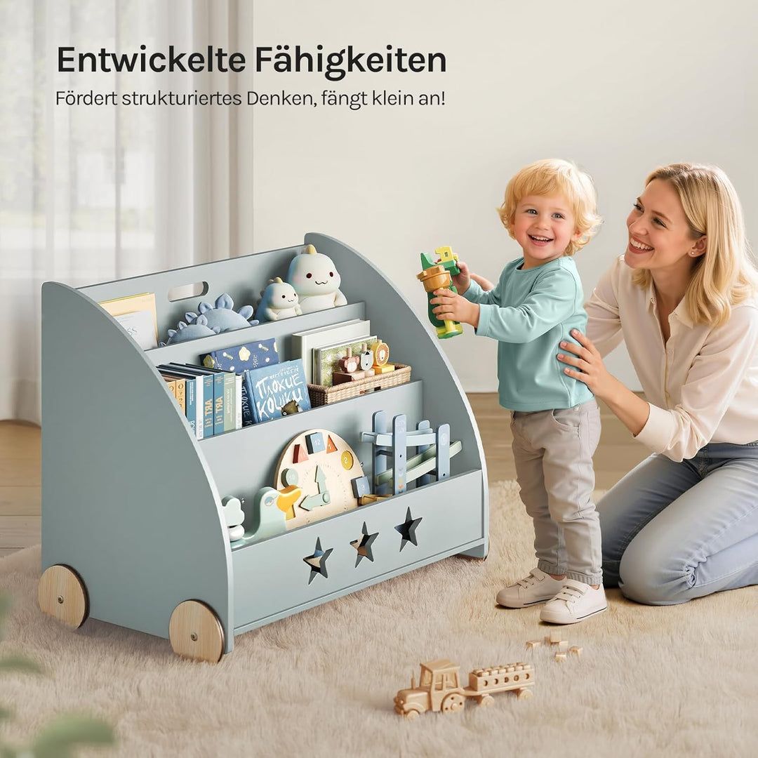 WOLTU Kinderregal Bücherregal für Kinder, Spielzeugregal mit Räder 3 Regale, Holz Standregal Kinderz