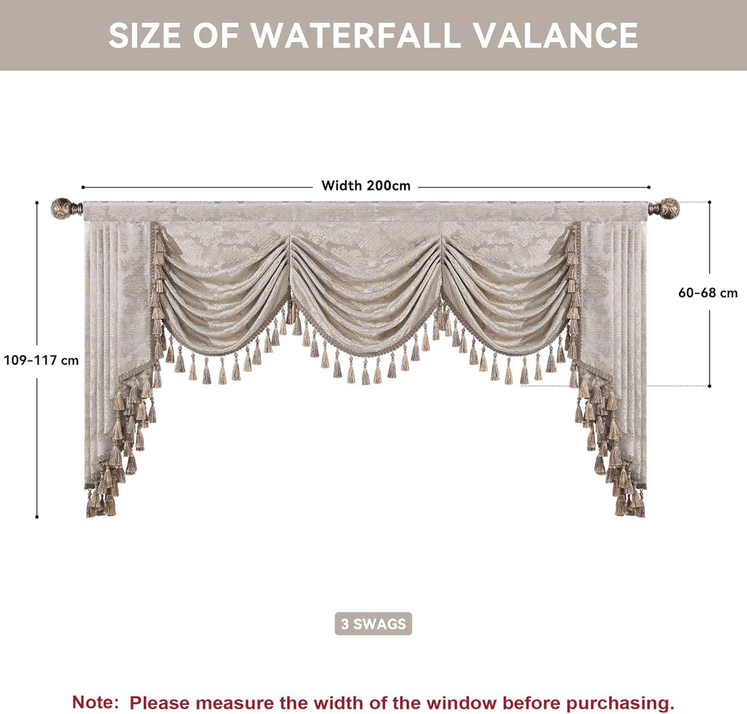Swag Volant Vorhang für Schlafzimmer Esszimmer Wohnzimmer Küche, Damast Kurzstore Waterfall Volant-V