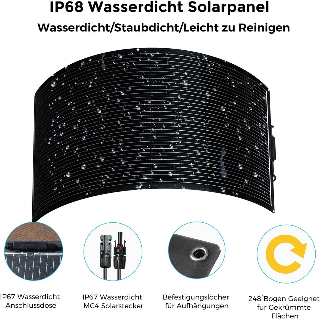 300W Flexibles Solarpanel, 2 x 150W Solarmodul Flexibel Wohnmobil | Schwarz Monokristallines für 12V