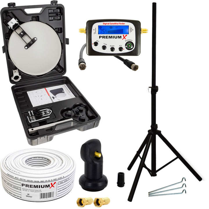 PremiumX Camping Satelliten-Anlage Mobile Antenne im Koffer Single LNB TV SAT-Finder 10m Koaxial-Kab