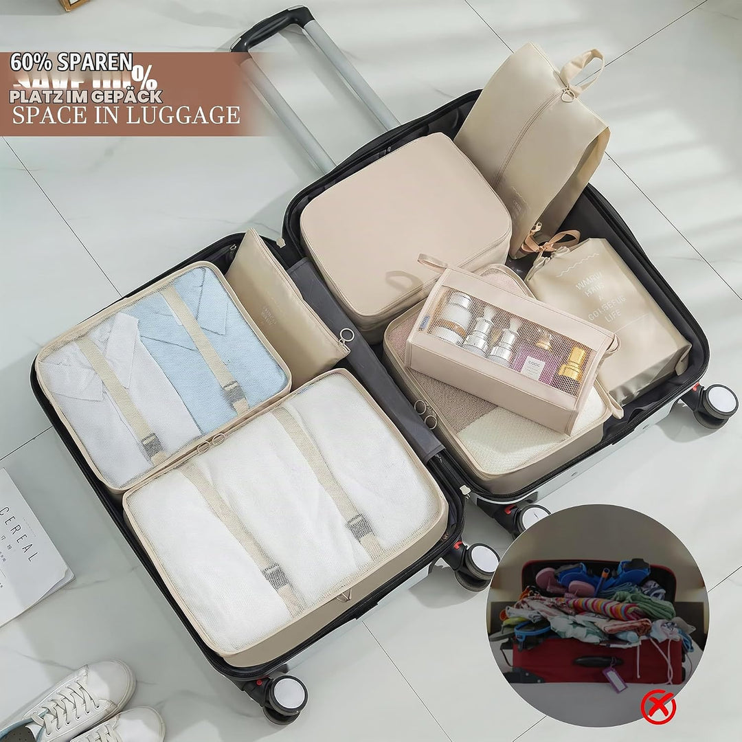 Packing Cubes 8er Set Koffer Organizer Packwürfel Set wasserdicht Beige, Beige