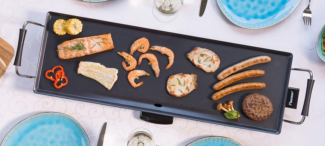 Bestron elektrischer Tischgrill, XL Plancha-/Teppanyaki-Grillplatte mit Antihaftbeschichtung, Grills