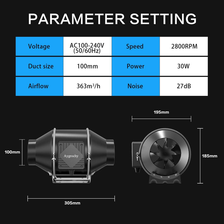 Aygrochy 100mm WiFi App Rohrventilator, EC-Motor 30W 363m³/h, 2800 U/min Abluftventilator mit Temper