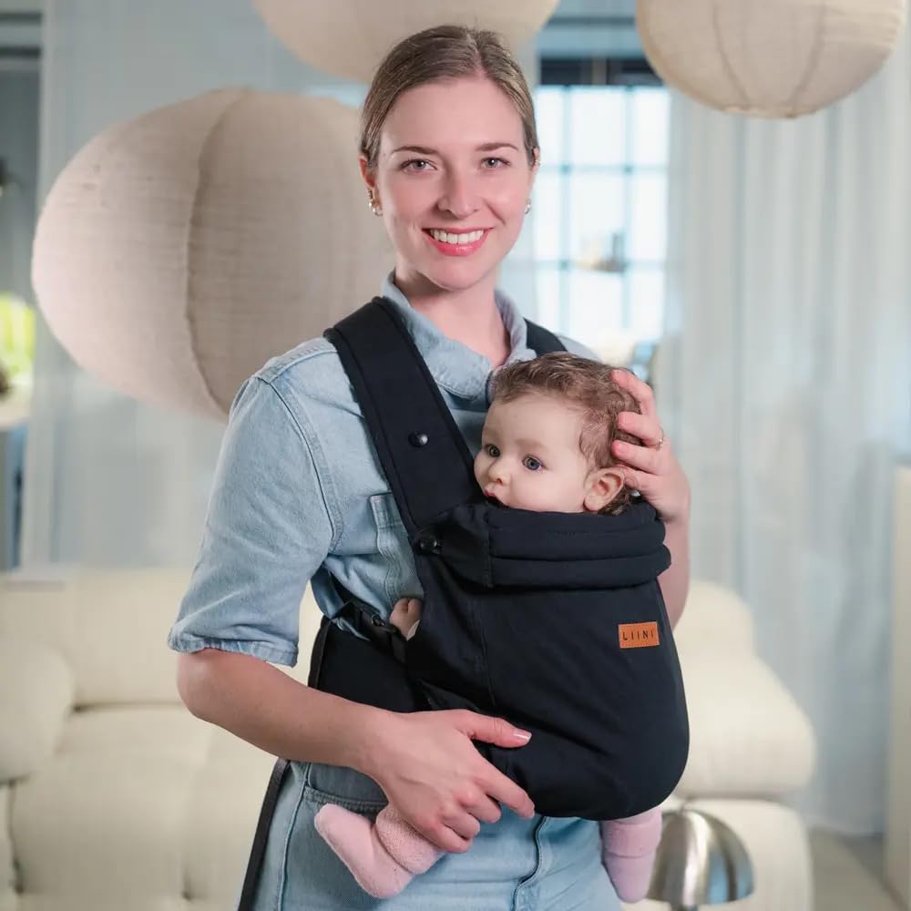 LIINI® Babytrage aus Baumwolle (Schwarz) – ab Geburt (3,5 kg) bis 15 kg, verstellbare Träger, Kopfst