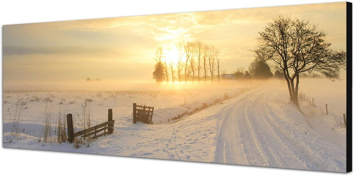 Paul Sinus Art Panoramabild auf Leinwand und Keilrahmen 150x50cm Winterlandschaft Sonnenuntergang Ne