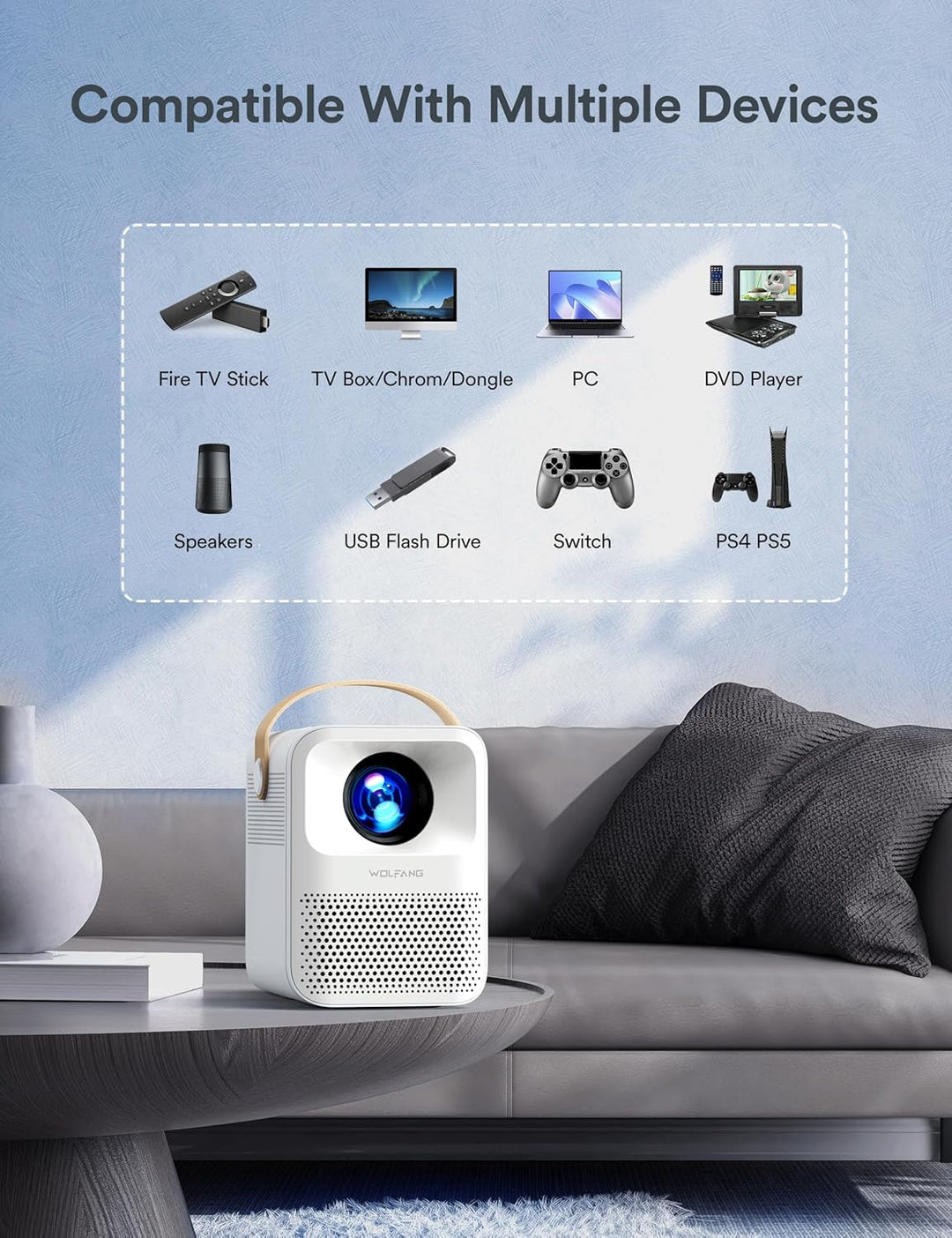 Mini Beamer 4K Unterstützt, WOLFANG 5G WiFi Bluetooth Portable Projektor, Native 1080P 12000 Lumen,