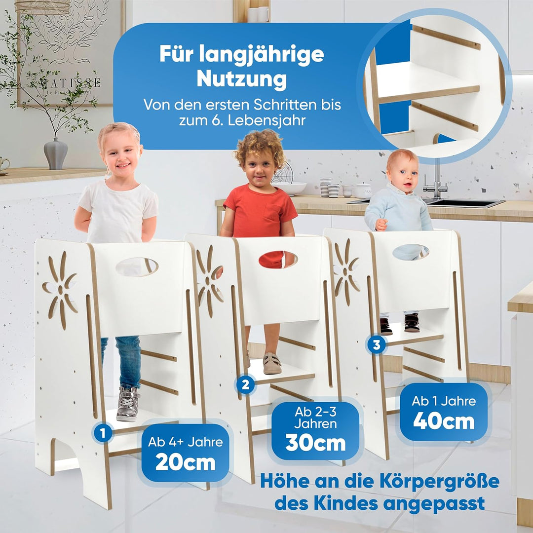Kitchen Kids Helper Lernturm ab 1 Jahr - Höhenverstellbarer Lernturm Montessori Weiss 80cm - Sichere