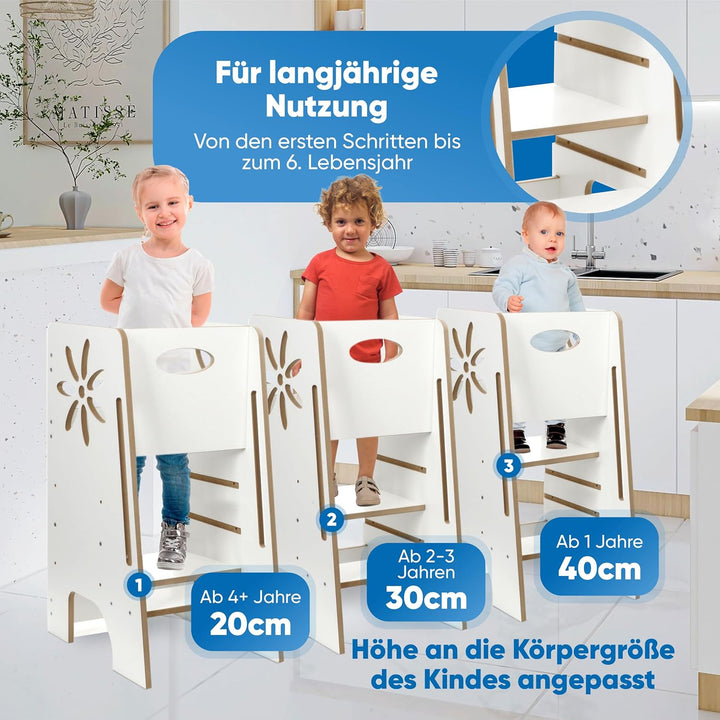 Kitchen Kids Helper Lernturm ab 1 Jahr - Höhenverstellbarer Lernturm Montessori Weiss 80cm - Sichere