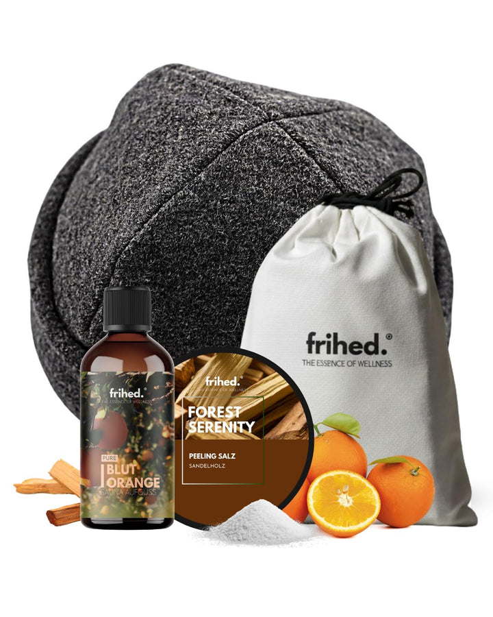 frihed | Sauna Geschenkset mit Saunamütze &amp; Saunaaufguss in Geschenkverpackung | für Männer und Frau