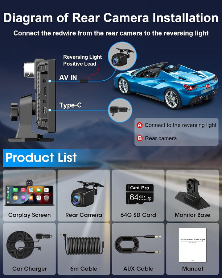 11,26 Zoll Carplay Display 4K Carplay Android Auto Display mit 350° Frontkamera 64G SD Karte Auto Di