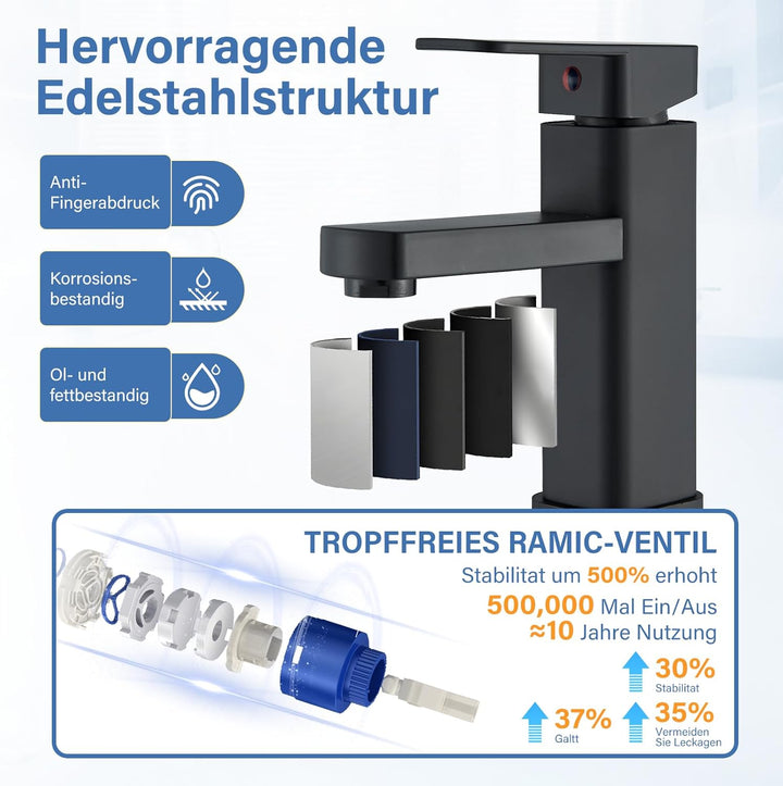 Schwarz Wasserhahn Bad Badarmatur Waschtischarmatur Edelstahl Moderner Wasserarmatur Einhebelmischer