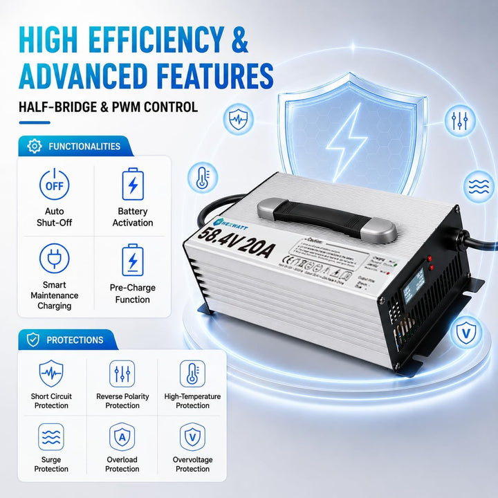 58.4V 20A LiFePO4 Ladegerät für 48 V (51.2 V) LiFePO4 Batterien Smart Batterieladegerät mit LCD/LED