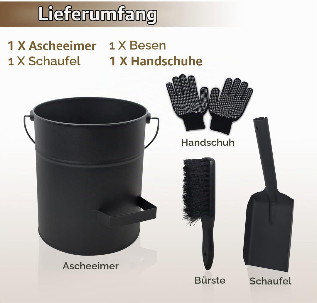 BRIAN &amp; DANY Ascheeimer mit Deckel, Runder Kohleeimer für Kamine, 15L Eimer mit Schaufel und Handbes