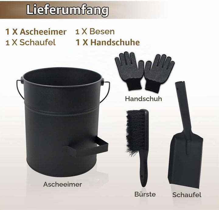 BRIAN &amp; DANY Ascheeimer mit Deckel, Runder Kohleeimer für Kamine, 15L Eimer mit Schaufel und Handbes