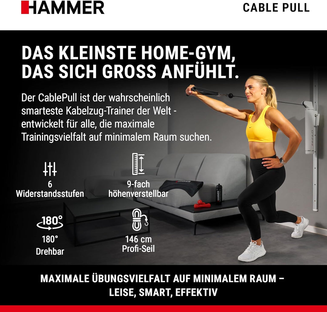 HAMMER Finnlo Kraftstation CablePull, Kabelzug-Trainer, 6 Widerstandsstufen, 146 cm Profi-Seilzuglän