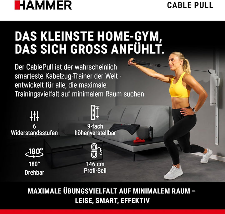 HAMMER Finnlo Kraftstation CablePull, Kabelzug-Trainer, 6 Widerstandsstufen, 146 cm Profi-Seilzuglän