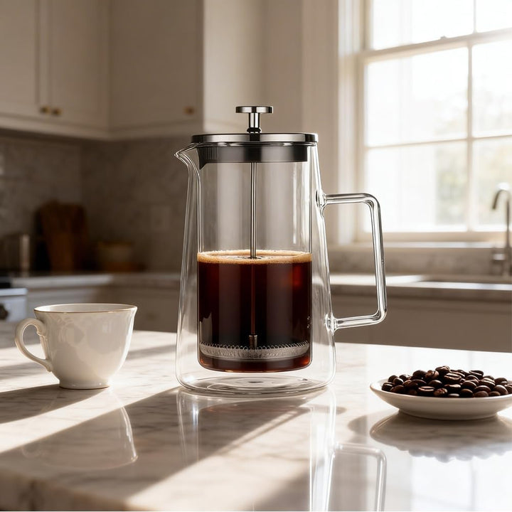 CEWROM French Press Kaffeebereiter, 1000ml Tragbare Doppelwand Glas-Kaffeepresse, Kaffeepresse aus E