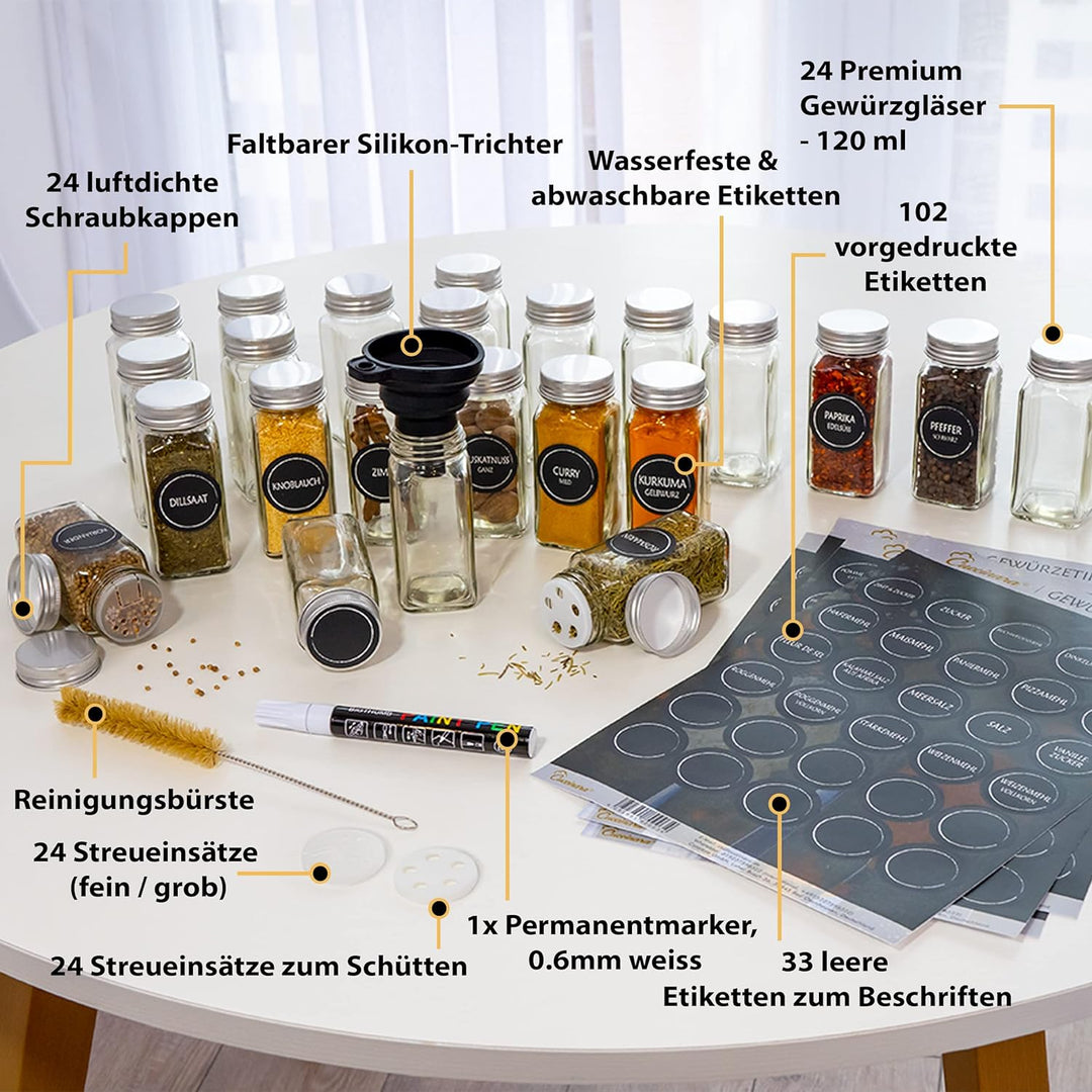 Cuccinara® Gewürzgläser Set [Eckig - 24 Stk. I 120ml - 10,5cm x 4,3cm] mit Gewürzetiketten, Streuein