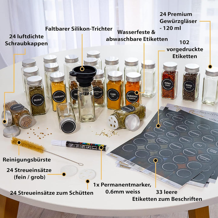 Cuccinara® Gewürzgläser Set [Eckig - 24 Stk. I 120ml - 10,5cm x 4,3cm] mit Gewürzetiketten, Streuein