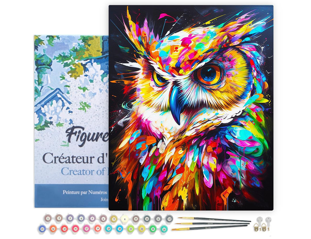 Figured'Art Malen Nach Zahlen Erwachsene Mit Rahmen Eule Farbenfroh Abstrakt - Paint by Numbers Bast