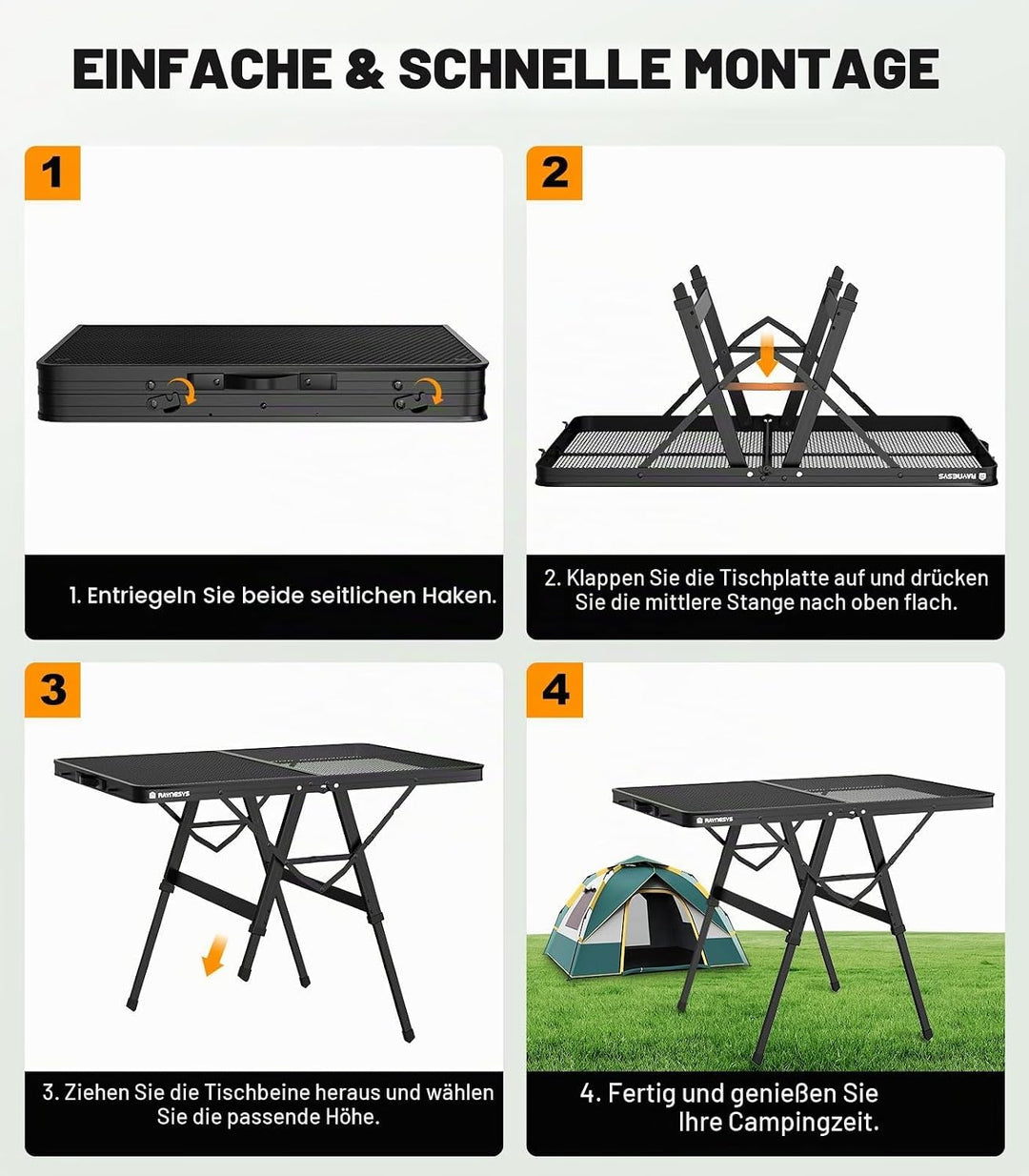Raynesys Klappbarer Grilltisch mit Mesh-Tischplatte, 3ft Höhenverstellbarer Faltbarer Campingtisch a