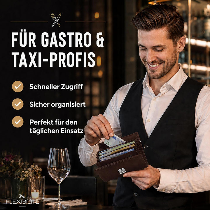 FLEXIBILITE®️Profi Kellner Geldbörse Profi Wasser Büffel [2025] Echt Leder RFID (18,5 x 9,5 x 4,5cm