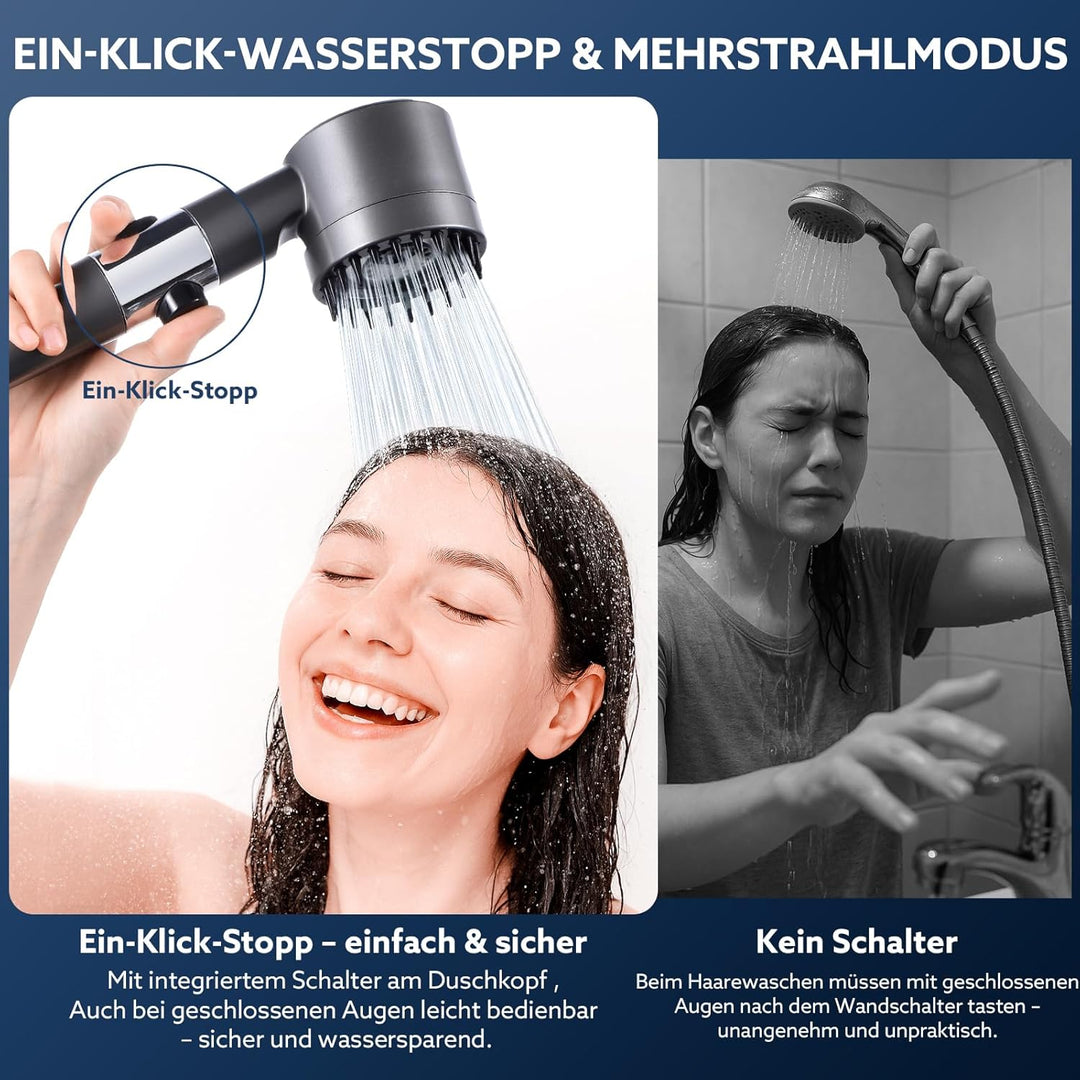 Duschkopf mit Filtera – Hochdruck Duschkopf aus Chrom mit 15-Stufen Wasserfilter, 4 Modi & Stopptast