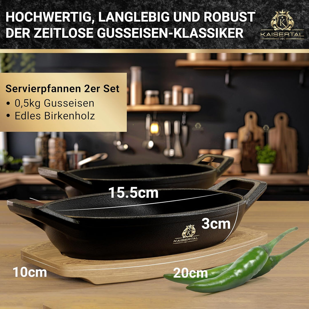 KAISERTAL Servierpfanne Gusseisen 15x10 cm – Pfanne mit 2 Griffen & Holzuntersetzer – Servierpfanne