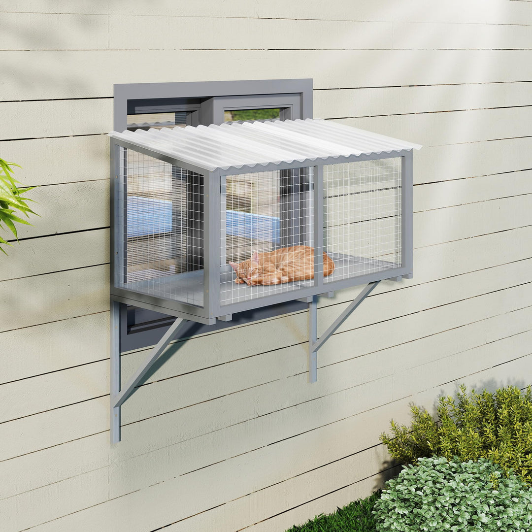 Outdoor Katzenfenster Catio aus Holz – Wetterfester Katzen-Fensterkasten mit verzinktem Drahtgitter