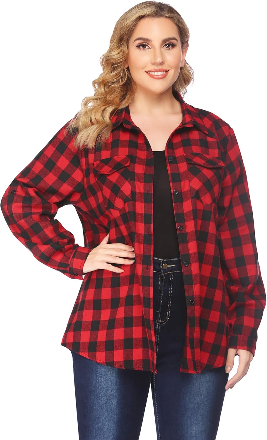UNibelle Damen Kariertes Hemd mit Knopfleiste Kurz/Langarm Oktoberfest Bluse Karo Tunika Baumwolle T