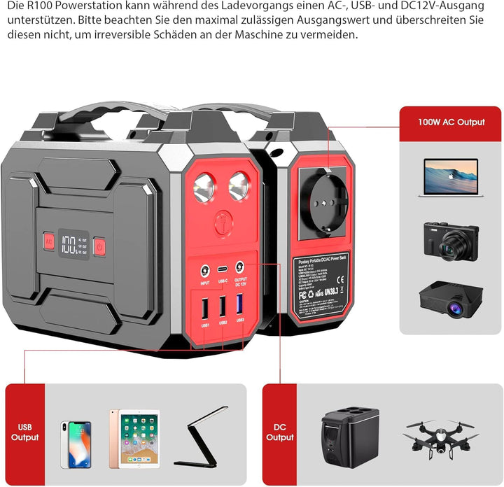 Powkey Tragbare Powerstation 99Wh/27000mAh Tragbares Powerbank 100W Solargenerator mit 230V AC/QC 3.