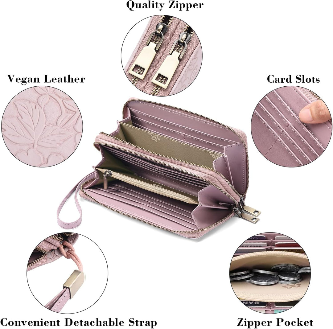 GAEKEAO Damen Geldbörse Gross aus Veganem Leder Mit Doppel Reissverschluss, RFID Schutz Clutch Geldb