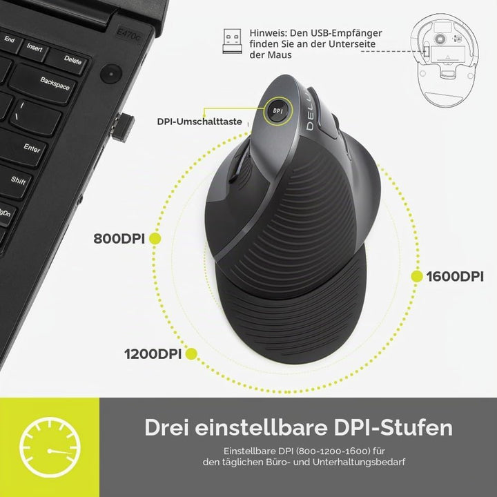 DELUX Ergonomische Maus Kabellos, Vertikale Maus für Karpaltunnel, Geräuschloser klick, 1600 DPI, 6