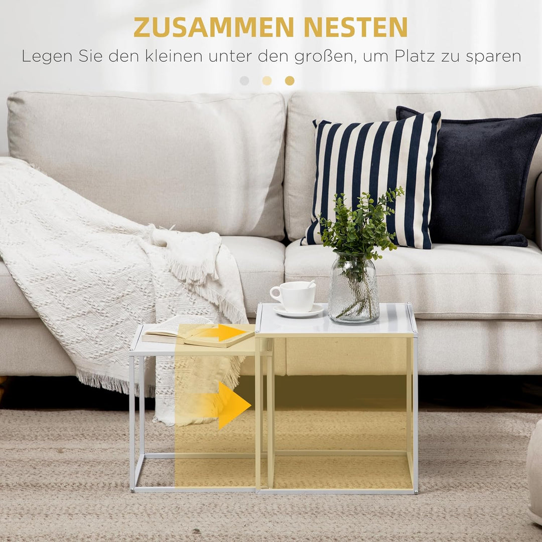 HOMCOM Couchtisch Quadratisch 2er Set, Satztisch Modern Wohnzimmertisch Stapelbar Kaffeetisch Beiste