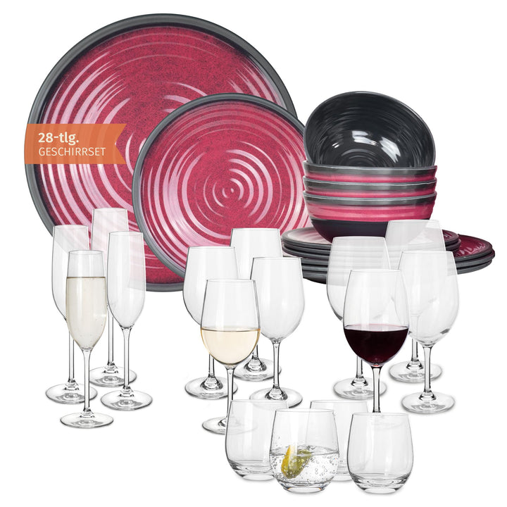 Melamin Camping Geschirr Set 4 Personen Stone Red + 16 Timo Gläser Wassergläser Weingläser Champagne