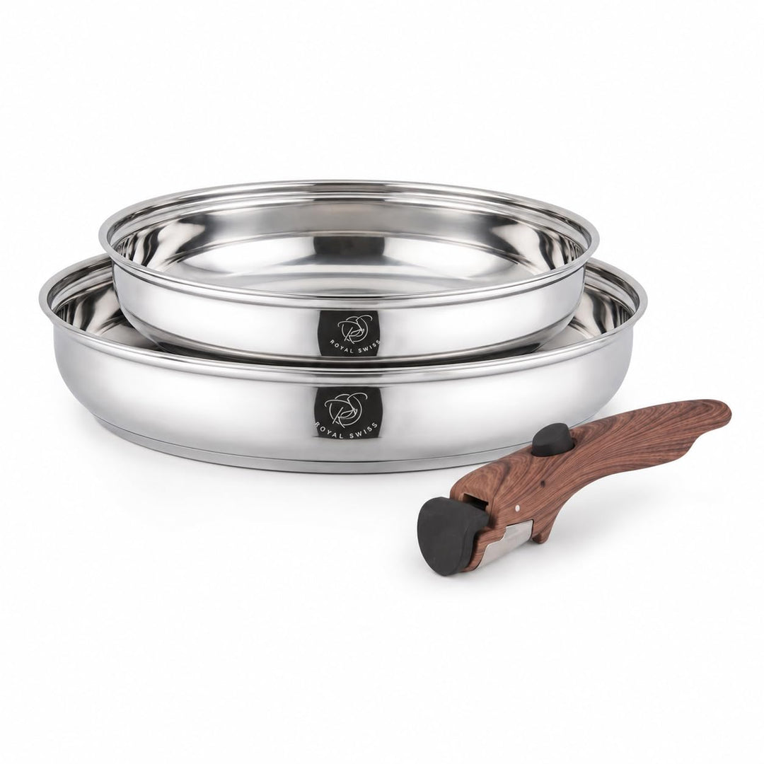 Royal Swiss® Premium Edelstahl Pfannen Set – 3-teilig (24 & 28 cm) mit Abnehmbarem Griff – Induktion