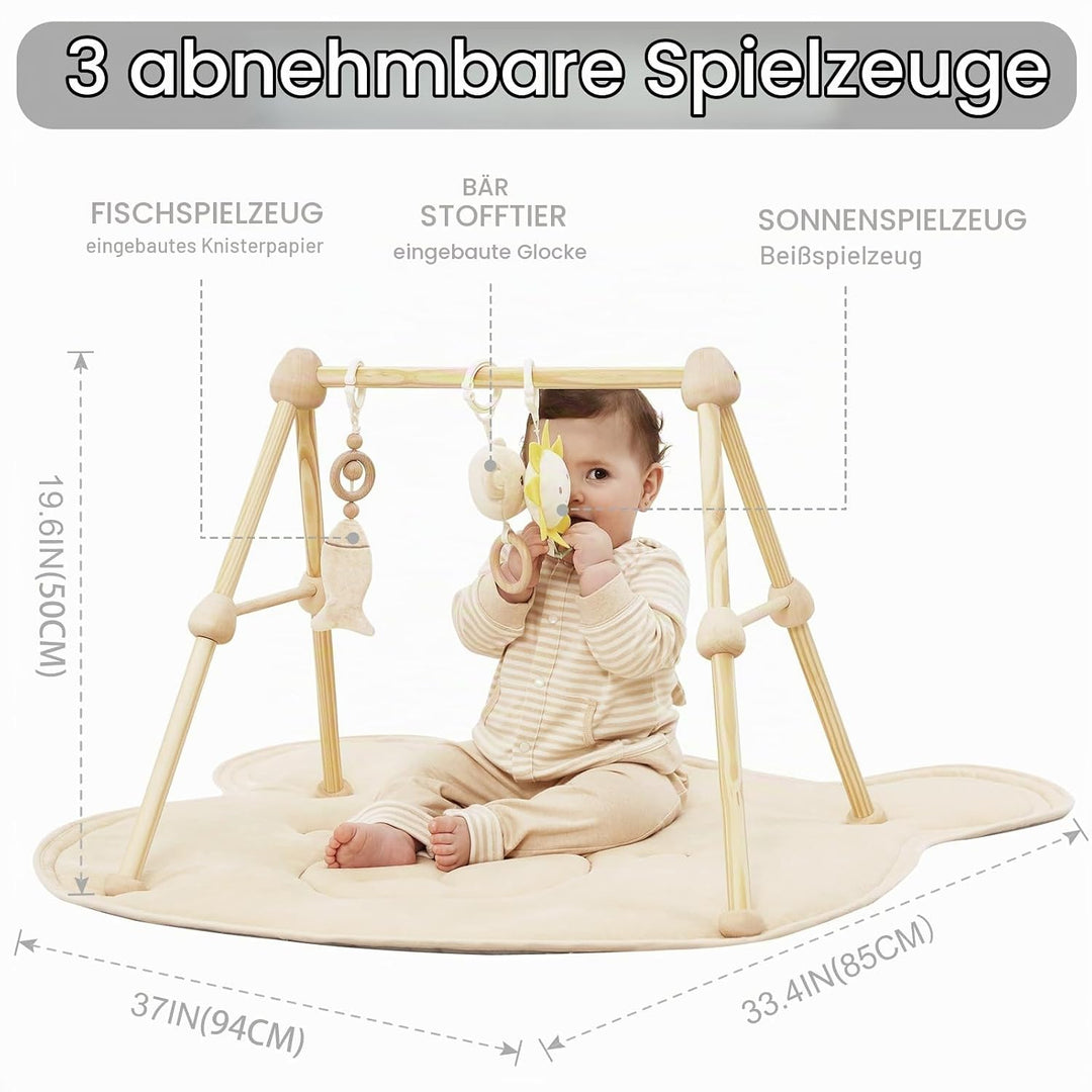 4 IN 1 Bär Spielbogen Baby, Spielmatte Babies mit Natur Holz Activity Spielbogen, 3 abnehmbaren Spie