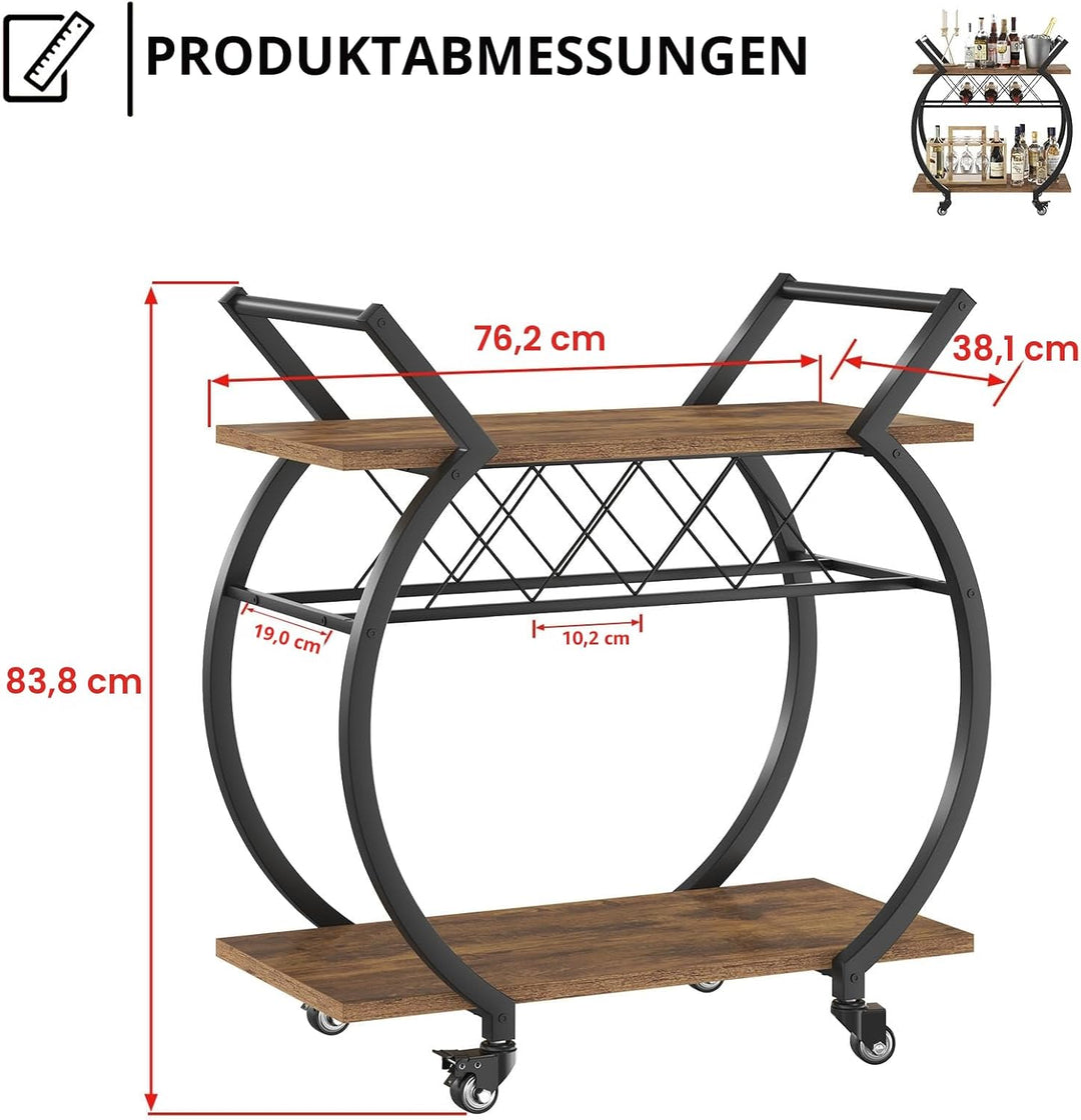 LVB Servierwagen mit Rollen, Küchenwagen aus Holz, Barwagen mit 2 Ebenen und Weinregal, Weinwagen, G